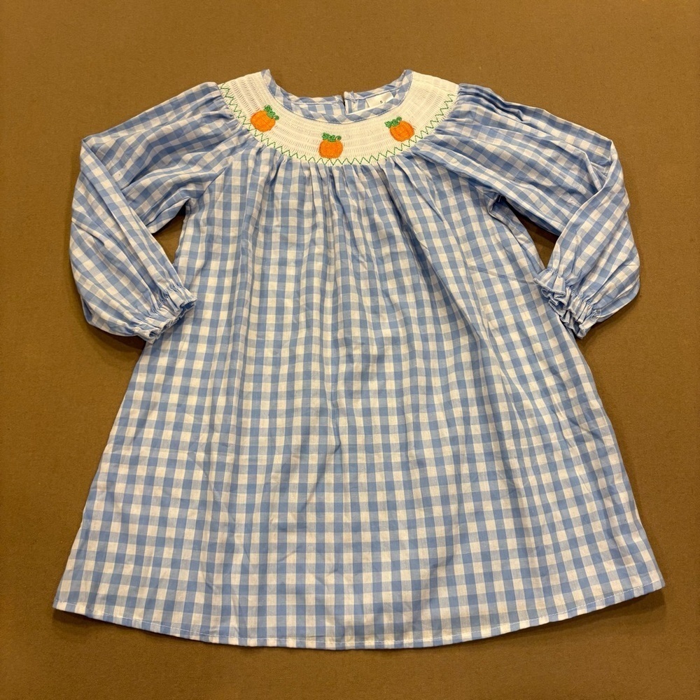 Swoon Boutique Girl’s Smocked Pumpkin Blue/White Gingham Dress Size 5 New W Tag